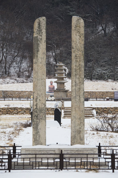 절의 입구에서 본 당간지주와 석탑 그리고 철불사진