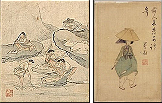 홍도, 《단원풍속도첩》 중 <빨래터〉, 18세기, 국립중앙박물관 소장(보물 제527호)-왼쪽 / 신윤복, 《여속도첩》 중 <전모를 쓴 여인>, 18~19세기, 국립중앙박물관 소장