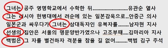그녀, 그, 선생, 백범 등등 독립운동가 호칭에 대한 고민이 필요하다.