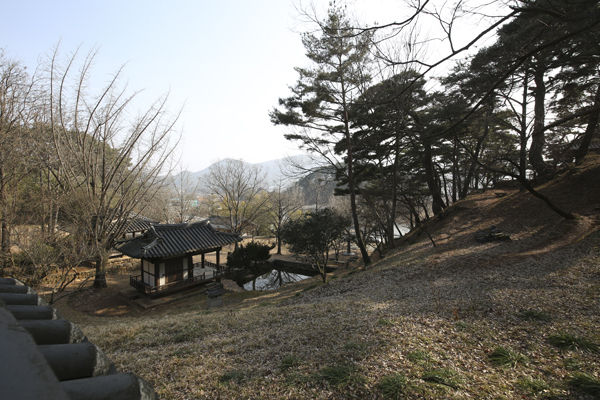 식영정에서 본 부용대와 연못