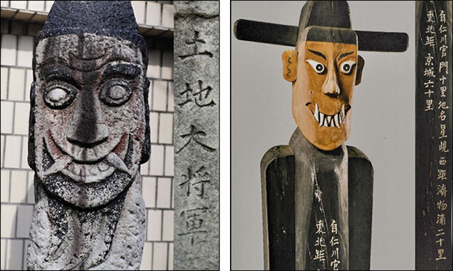 1906년, 경상남도 통영의 '수호신'으로 만들어진 ‘토지대장군’ <벅수> - 왼쪽 / 1890년 무렵 인천 만수동 '장승배기'에서 남몰래 뽑아서 훔쳐간 ‘장승’으로 현재 '독일'의 <‘베를린 민족학 박물관’>에 있다.(황준구 제공)