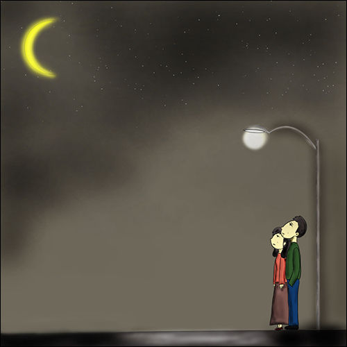 등 뒤엔 가로등, 하늘엔 초승달(그림 이승헌 작가)