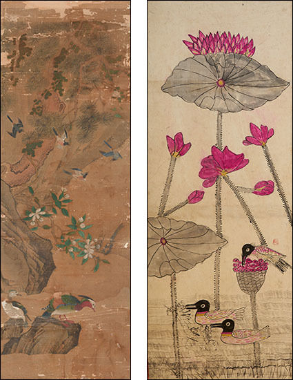 전(傳) 이영윤(李英胤), 《꽃과 새》 중 <원앙과 말리화>, 조선, 17세기, 비단에 색, ⓐ국립중앙박물관 - 왼쪽 / 김창익,《꽃과 새》 중 <연꽃과 오리>, 20세기, 종이에 색, ⓐ국립중앙박물관