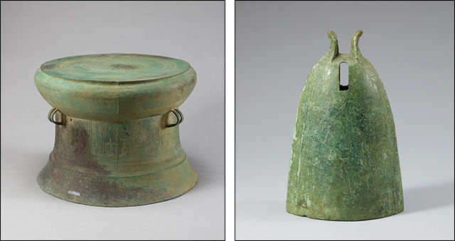 청동북, 기원전 5~1세기, 높이 41cm(왼쪽) / 청동종, 기원전5~1세기, 높이 23.3cm
