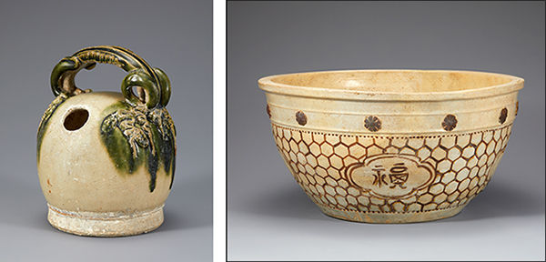 단지, 16-17세기, 레왕조, 높이 18.8cm(왼쪽) / 거북 등 무늬 큰 그릇, 13-14세기, 쩐 왕조, 직경 48.2cm