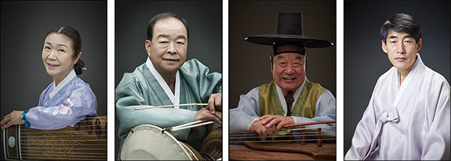 <혹 되지 아니하다> 무대에 오를 박종선(아쟁), 김청만(고법), 강정숙(가야금병창), 김영길(아쟁) 명인 - 왼쪽부터
