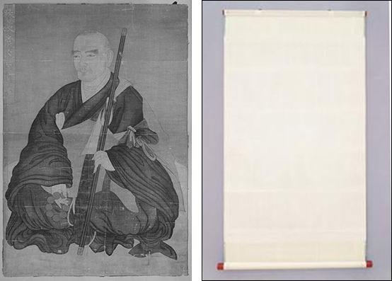 (도5)<추파당대사 진영> 적외선 분석, 조선 19세기, 110.6x75.8cm, 비단에 색, 리트베르크박물관 소장-왼쪽 / (도6)<추파당대사 진영> 보존처리 후, 뒷면, 조선 19세기, 151.2x90.5cm, 비단에 색, 리트베르크박물관 소장