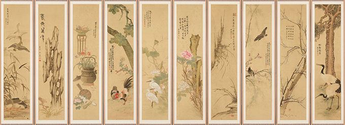 “서화미술회합작도(書畫美術會合作圖)”, 안중식(安中植, 1861-1919) 등 10인, 1917년, 비단에 색, 각 폭 163.5×36.8cm, 아모레퍼시픽미술관 소장