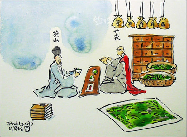 조선시대 다산 정약용과 초의선사는 차로 이루어진 벗이었다.(그림 이무성 작가)