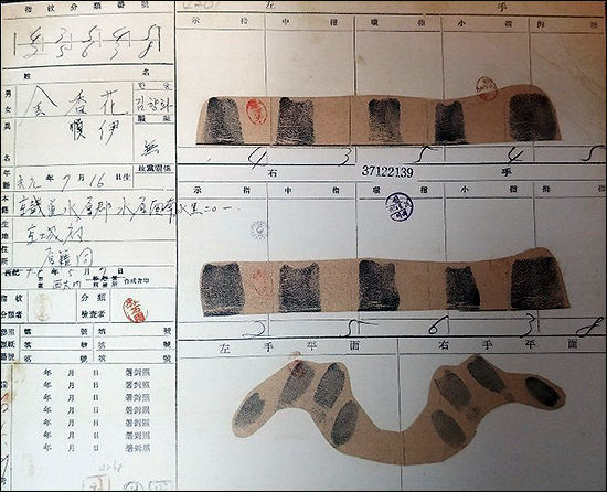 김향화 지사의 지문이 찍힌 신분장 지문 원지(1919), 국가기록원 제공
