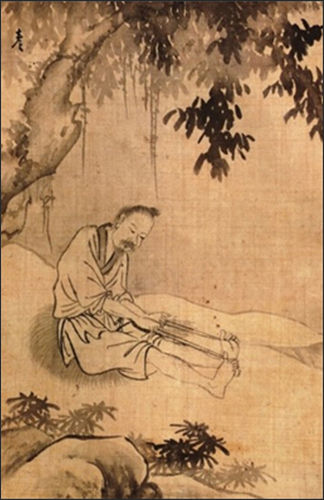 윤두서(尹斗緖, 1668~1715), 짚신삼기, 윤씨가보(尹氏家寶) 중, 18세기 초, 비단에 수묵, 32.4 × 21.2cm, 전라남도 해남 윤형식 소장