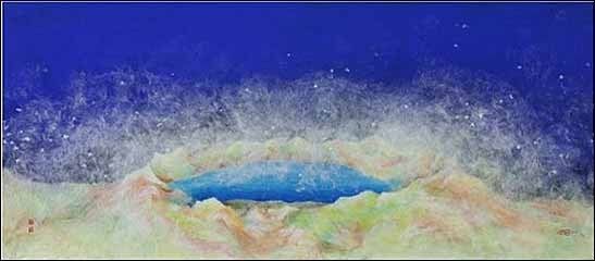 김정수 작가의 작품, 백두산. 한라산에서부터 바람 타고 날아온 숨결이 백두산 천지로 부어지는 모습을 상상으로 표현한 작품으로 대한민국의 통일을 소망해 본 작품