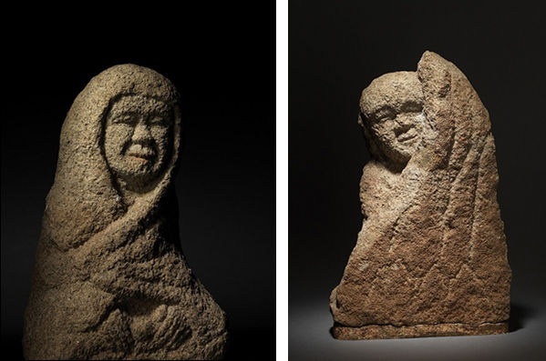가사를 두른 나한, 고려말 조선초, 강원도 영월 창령사 터 출토, 높이 37.1cm, 국립춘천박물관 소장-왼쪽 / 바위 뒤에 앉은 나한, 고려말 조선초, 강원도 영월 창령사 터 출토, 높이 39.9cm, 국립춘천박물관 소장
