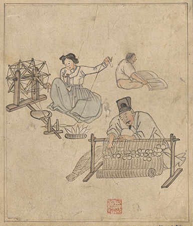 김홍도의 《단원 풍속도첩》 가운데 “자리짜기”(보물 527호), 23.9cm×28cm, 국립중앙박물관