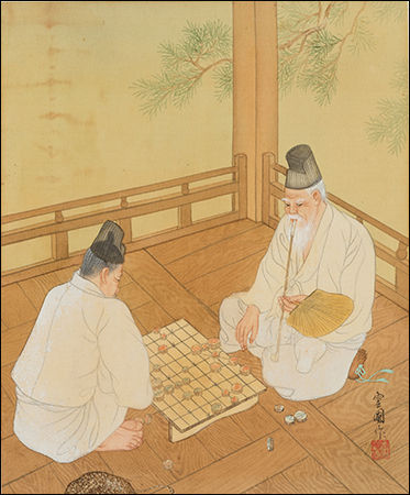 장기도(將棋圖), 운보 김기창(雲甫 金基昶, 1913~2001) 작, 20세기, 노인 두 명이 정자에 앉아 장기를 두는 모습을 그린 그림