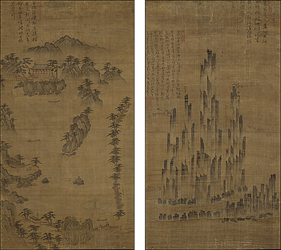 <경포대도(鏡浦臺圖)>, 조선, 16세기 중반, 비단에 수묵과 담채, 102.0×55.0cm(왼쪽) / <총석정도(叢石亭圖)>, 조선, 16세기 중반, 비단에 수묵과 담채, 100.0×54.0cm