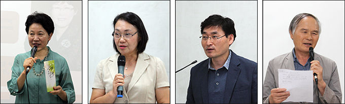 다와라기 하루미(강원도 재한일본인회장), 노무라 유우꼬(세계평화여성연합 춘천시 부회장) , 전유상(강원도 참가정실천운동본부장), 김명룡 (광복회 강원도지부 사무국장)이 격려사를 했다.(왼쪽부터)