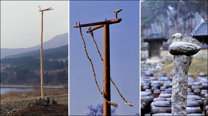 <한 마리 '솟대'> 사진 1 = 경상남도 거제시 일운면 망치리, '배선대'. (2002, 황준구 사진) / 사진 2 = 경기도 동두천시 송내동 아치노리, '수살대감'. (2008, 황준구 사진) / 사진 3 = 충청남도 논산시 노성면 교촌리, '윤중고택' 장독대를 지켜주는 '짐대'. (2011, 황준구 사진)