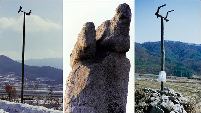 <두 마리 '솟대'> 사진 4 = 전라북도 남원시 아영면 인풍리, 매산마을 '오릿대'. (2009, 황준구 사진) / 사진 5 = 전라북도 부안군 계화면 궁안리, ‘대벌당산’의 '머리낭자'. (2005, 황준구 사진) / 사진 6 = 충청북도 제천시 봉양읍 공전리, '진대백이'의 작은'서낭'. (2012, 황준구 사진)