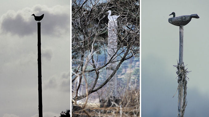 사진 7, 경상북도 김천시 부항면 하대리, 뱃뜰 '돛대' (2014, 황준구 사진), 사진 8, 경상북도 군위군 부계면 대율리, 한밤마을 '비신대'(진동단). (2009, 황준구 사진), 사진 9, 충청남도 공주시 유구읍 백교리, 힌다리 '짐대당산' (2012, 황준구 사진)