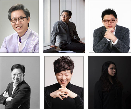 예술감독ㆍ지휘 박호성, 작곡가 황호준, 강상구, 강솔잎, 이정호, 이문석(왼쪽부터 시계방향)