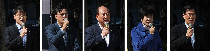 기념사를 하는 배기남 영등포평화의소녀상 건립 시민추진위원회 상임대표, 축사를 하는 채현일 영등포구청장, 윤준용 영등포구의회 의장, 김영주 영등포갑 국회의원, 신경민 영등포을 국회의원(왼쪽부터)