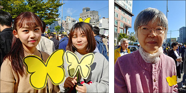 영등포 평화의 소녀상 기금 모금에 동참한 여의도중학교 3학년 홍서현, 이서현 학생 대표와 함께 한 소감을 말하는 영등포 평화의 소녀상 시민추진위원회 자문위원 강정숙 박사