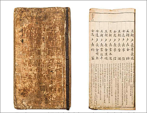 보물 제2038호 《경주부사선생안》(慶州府司先生案)(구안) 표지(왼쪽)와 내지