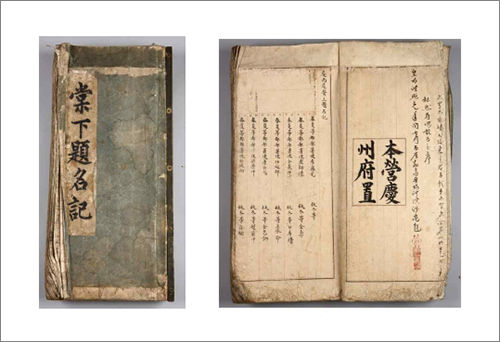 보물 제2039호 《경상도영주제명기》 표지(왼쪽)와 내지, 국립경주박물관 소장(표제: 당하제명기)