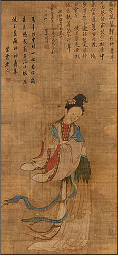 박명 그림, 신위 제시, <장수를 축원하는 마고(麻姑獻壽圖)>, 중국 청 1748년, 비단에 색, 99.0×46.8cm, ⓐ국립중앙박물관