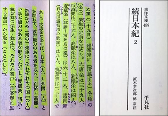 <續日本紀> 731년 7월 29일치 기록. "“아악료(雅樂寮)에 소속하는 악생(樂生)의 정원은 대당악 39명, 백제악 26명, 고구려악8명, 신라락 4명, 탐라악 62명”이라고 나와 있다..
