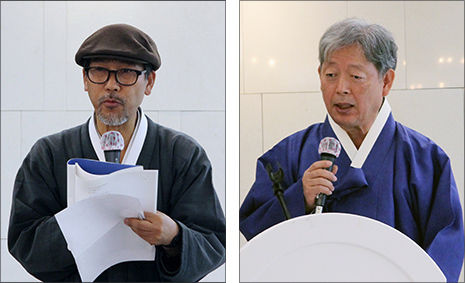 사회자 김연갑 추진위원(왼쪽), 경과보고를 하는 이동식 추진위원