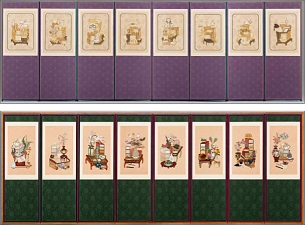 문화체육관광부장관상–책거리 8폭 병풍(김경희)- 위 / 문화재청장상–책거리 자수 8폭 병풍(이정의)