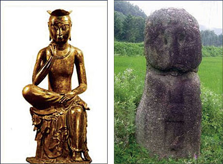 수더문하게 생긴 국보 제83호 금동미륵보살반가사유상(국립중앙박물관, 왼쪽), 민중적인 모습의 제천 양화리 여미륵
