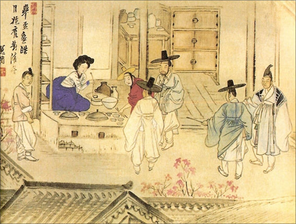 신윤복 ‘주사거배(酒肆擧盃, 술집에서 술잔을 들다)’, 종이에 채색, 28.2× 35.6㎝, 간송미술관