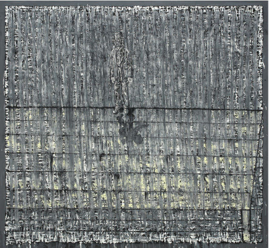 유근택, '끝에 서 있는', 한지에 먹, 호분, 템페라, 148×162cm, 2018