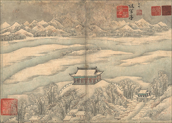 작가미상, 《관서십경도》 중 〈의주 통군정〉, 조선 19세기, 종이에 색, 58.3×42.0cm, 1981년 이홍근 기증, ⓐ국립중앙박물관