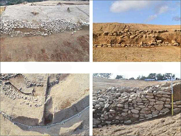 성터 북쪽 세부, 성터 남쪽 세부, 성터 동쪽 세부, 성토 남동쪽 세부(위 왼쪽부터 시계방향)