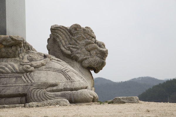 원종국사 탑비의 귀부(거북이 머리), 머리에는 귀가 표현되었고, 입 주변으로는 서기가 넘치고 있으며, 커다란 눈과 주먹같은 코, 꾹 다문 입이 매우 생동감이 넘친다.