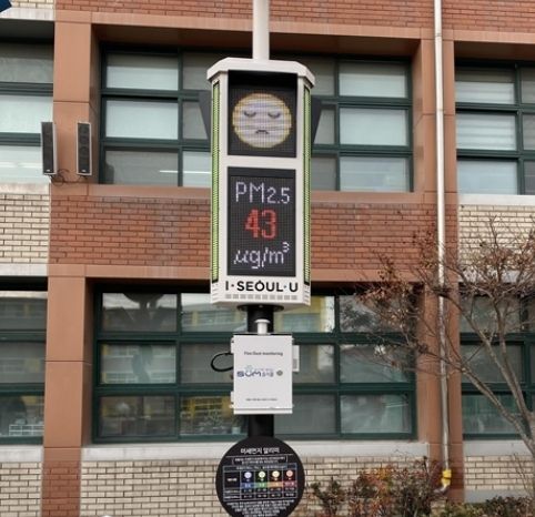초등학교 운동장에 설치된 미세먼지 간이측정기, 미세먼지 신호등
