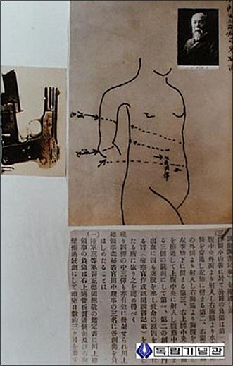 안중근 의사가 이토 히로부미를 저격할 때 쓴 총과, 이토의 총상을 그린 인체 도해도