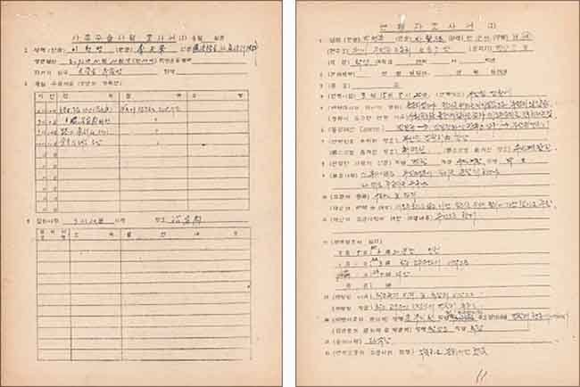 사후 수습사항 조서서(왼쪽), 연행자 조사서