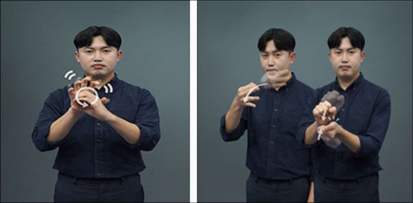 권장 수어 표현 - 코로나19(왼쪽), 침방울(비말) 감염