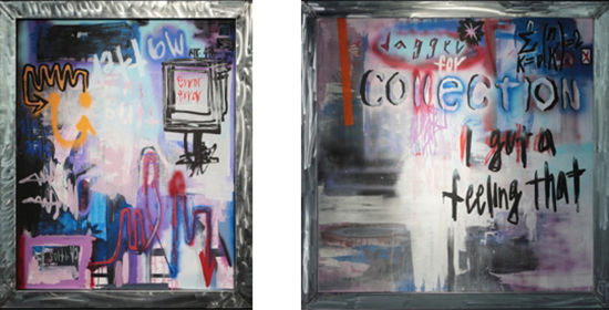 펜킹(Penking), (L) M.Y.A, 2018, acrylic, spray paint, squid ink on canvas, 150x120cm / (R) Collection, 2018, acrylic, spray paint, squid ink on canvas, 160x160cm