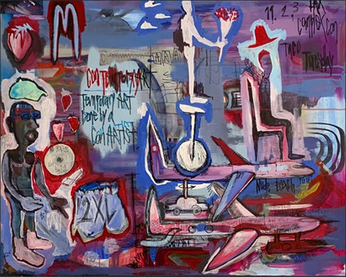펜킹(Penking), Untitled, 2020, pen, acrylic, crayon, spray paint, squid ink on canvas, 81x100cm