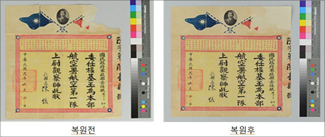 최초 여류 비행사(권기옥여사) 기록물(1929년)<br>
소장처 : 숭의여자고등학교 /지원년도 (‘15) / 처리기간 : ‘15.9월∼12월(4개월)