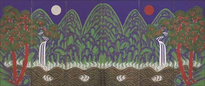 <일월오봉도(日月五峯圖)> 6폭 병풍, 그린이 모름, 19세기, 비단에 채색, 151.4 × 94cm, 국립고궁박물관