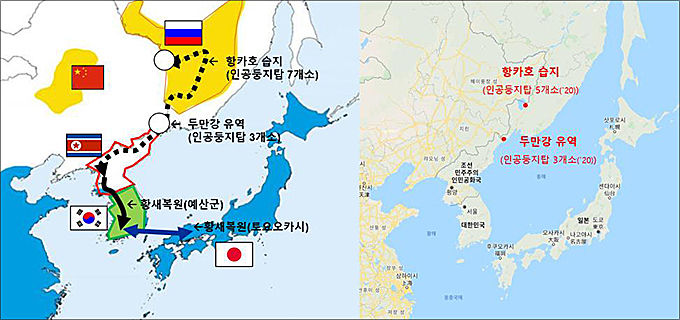 한-러 황새 생태축 보전 전략도(좌) 및 ‘20년 인공둥지탑 실제 설치 위치(우)