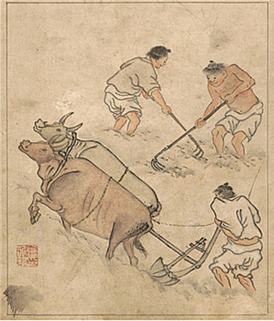 김홍도, <논갈이>, 종이에 색, 국립중앙박물관