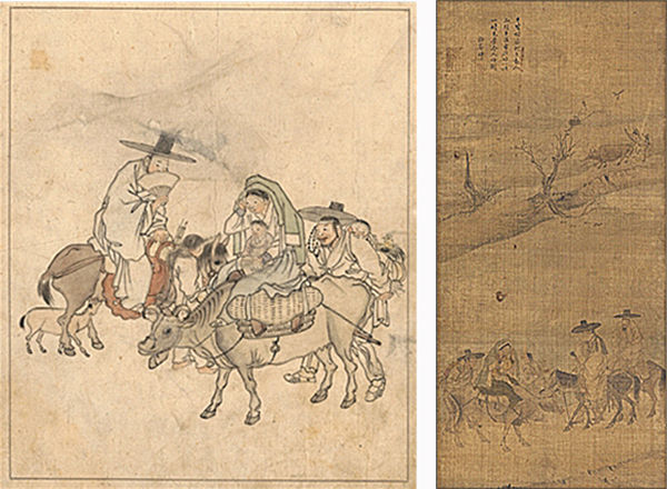 김홍도, <노중 풍경>, 종이에 색, 국립중앙박물관 – 왼쪽 / 김홍도, 행려풍속도병 중 <노중풍경>, 1778년, 종이에 색, 국립중앙박물관